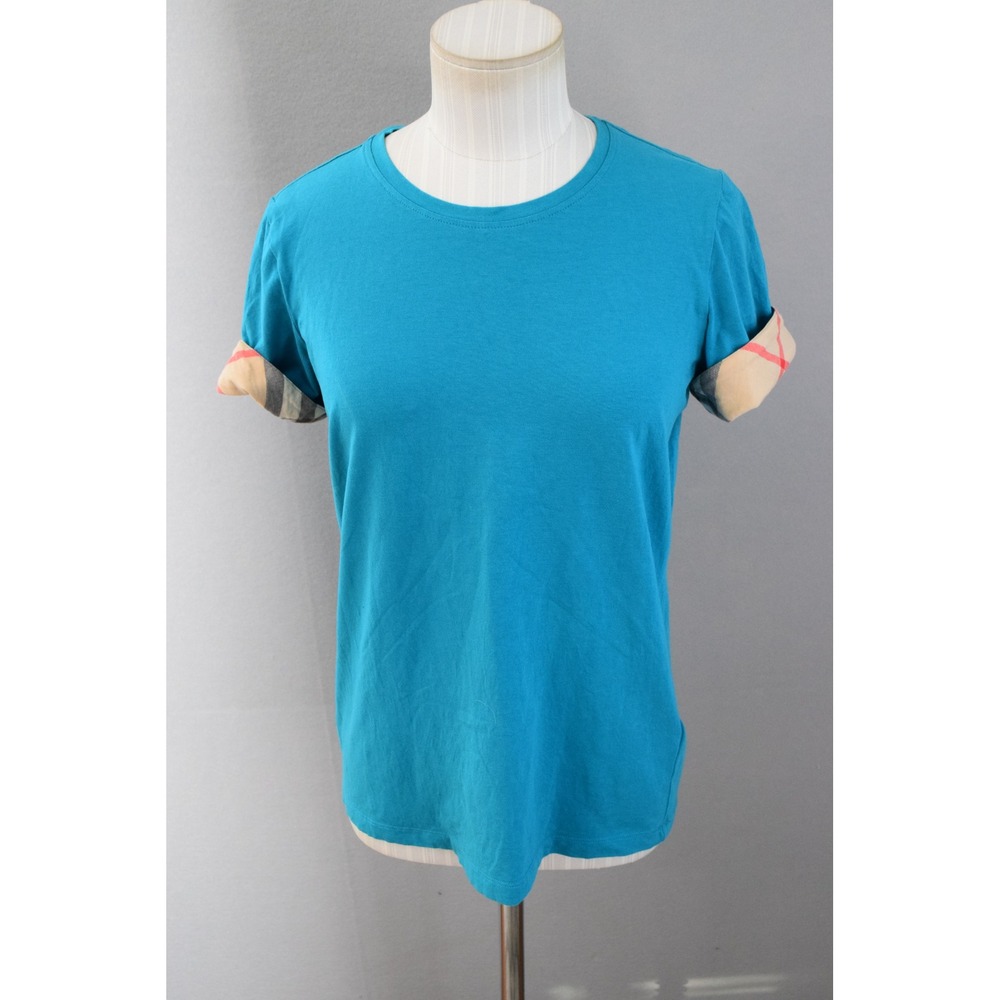 Burberry Britt T Shirt Medium Classic Nova Check Cuff Detail Turquoise Blue